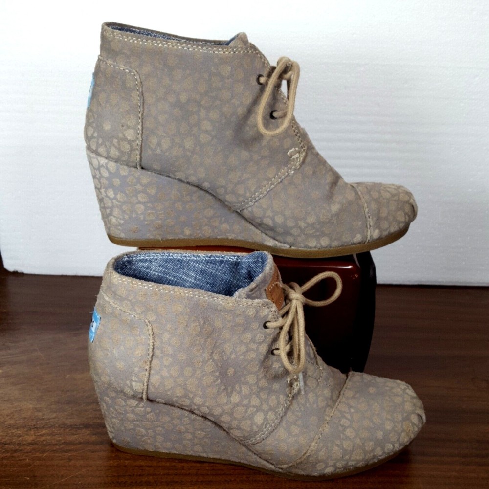Toms Herringbone Desert Taupe Lace Up Wedge Bootie 380813 Shoes Womens US 7